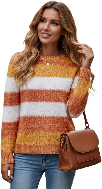 Women's Striped Knit Sweaters Color Block Long Sleeve Pullover Sweater