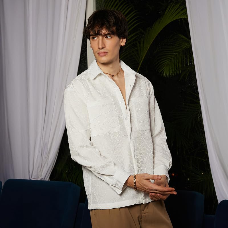 Image of CAHOOT Men's Multitrack Striped Oversized Shirt for Casual Wear | Spread Collar | Long Sleeve | Button Closure | Oversized Shirt Crafted with Comfort Fit for Everyday Wear