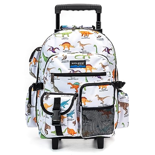 K-Cliffs Mochila escolar resistente com rodinhas e rodas Deluxe, Dinossauro, Medium, Mochilas Daypack
