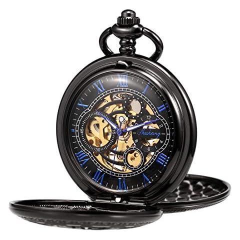 TREEWETO Pocket Watch Skeleton Hand-Wind Mechanical Double Case Golden Roman Numerals Antique with Fob Chain Box Cover