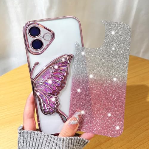 Image of mobistyle Designed for iPhone 16 Plus Cover with Glitter Cute Butterfly Electroplate Plating Design Back Cover Case for Women Teen Girls [ Silicone ||Pink