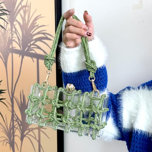 Image of Clear Clutch Acrylic Green Purses for Women, Rhinestones Handbags with Glitter Rope, Club Party Banquet