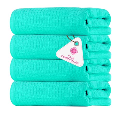Image of Casa Copenhagen, Egyptian Cotton - Waffle Terry Towel 4 Piece 100% Cotton Large Bath Towel Set - Aqua Blue