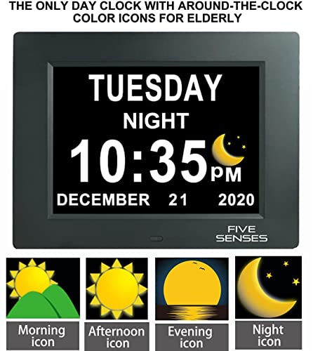 【Original Color Sun/Moon】 5 Senses - 8” Digital Calendar, Clock With Day And Date For Elderly, Day Clock, Digital Clock With Date And Day Of Week, Large Digital Clock, Dementia Clock, Wall Clock Bk #TOP2