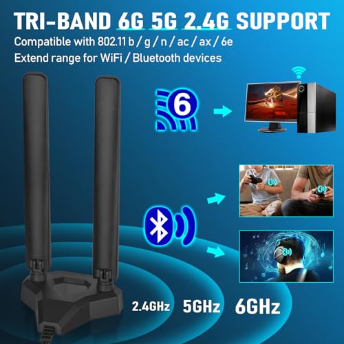 Image of Eightwood WiFi 6E Tri-Band Antenna 6GHz 5GHz 2.4GHz Gaming WiFi Antenna Magnetic Base with 6.5ft Extension Cable for PC Desktop Computer PCIe WiFi 6E Card, Router