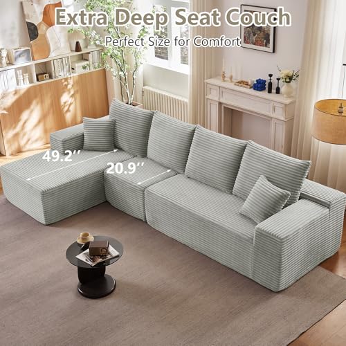 Image of 135 inch Cloud Sectional Couch with L-Shape Chaise, Upholstered Corduroy Couches Sleeper Chaise Longue, Modern Modular Comfy Deep Seat Sofa for Living Room Bedroom, No Assembly Required, Grey