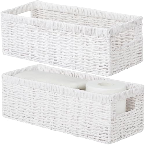 Vagusicc Wicker Storage Baskets with Handle Handwoven Set of 2 Storage Baskets for Shelves Wicker Organizer Basket Toilet Paper Basket Small Shelf Organiser Hamper for Bathroom (White 35x15x12cm)