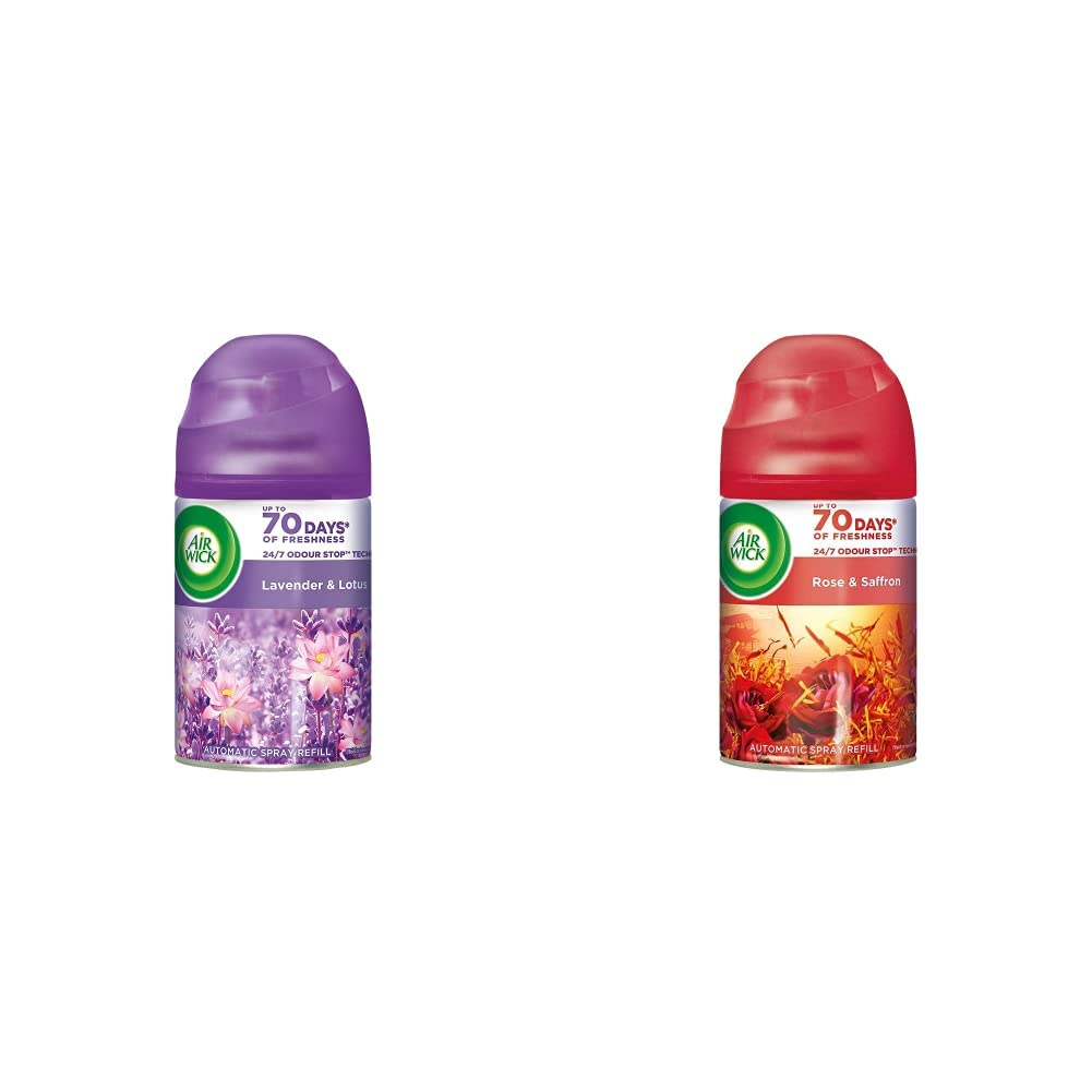 Air Wick 250 ml (Pack of 2) - Lavender & Lotus and Rose and Saffron, Freshmatic Automatic Air Freshener Refill | 2600 Sprays Guaranteed | Automatic Room Freshener, Bathroom Freshener and Room Spray