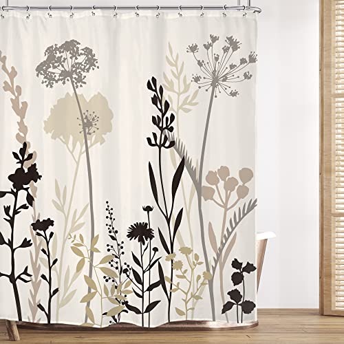 Omifly Beige Shower Curtain Cream Floral Taupe Brown Silhouette Flower Rustic Boho Wildfloral Leaves Plants Botanical Vintage Dandelion Bathroom Set 12 Plastic Hook Waterproof Toilet Accessories Decor #TOP1