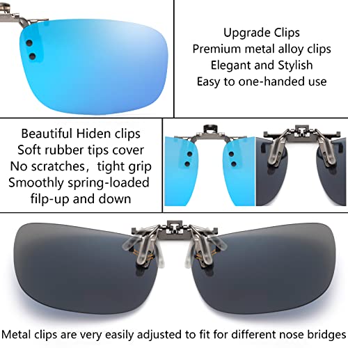 Image of CAXMAN Polarized Clip On Sunglasses Over Prescription Glasses or Reading Glasses for Men Women Flip Up Rimless Rectangle Lens Cover Eyeglasses, Blue Mirrored Lens, 57 * 36mm