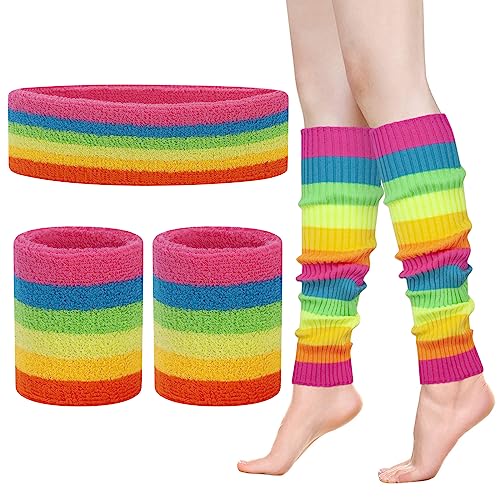 Leg Warmers for Women 80s Headband Wristbands Neon Leg Warmers Set for Sport Yoga - 80s Workout Clothes 90s Outfit for Women
