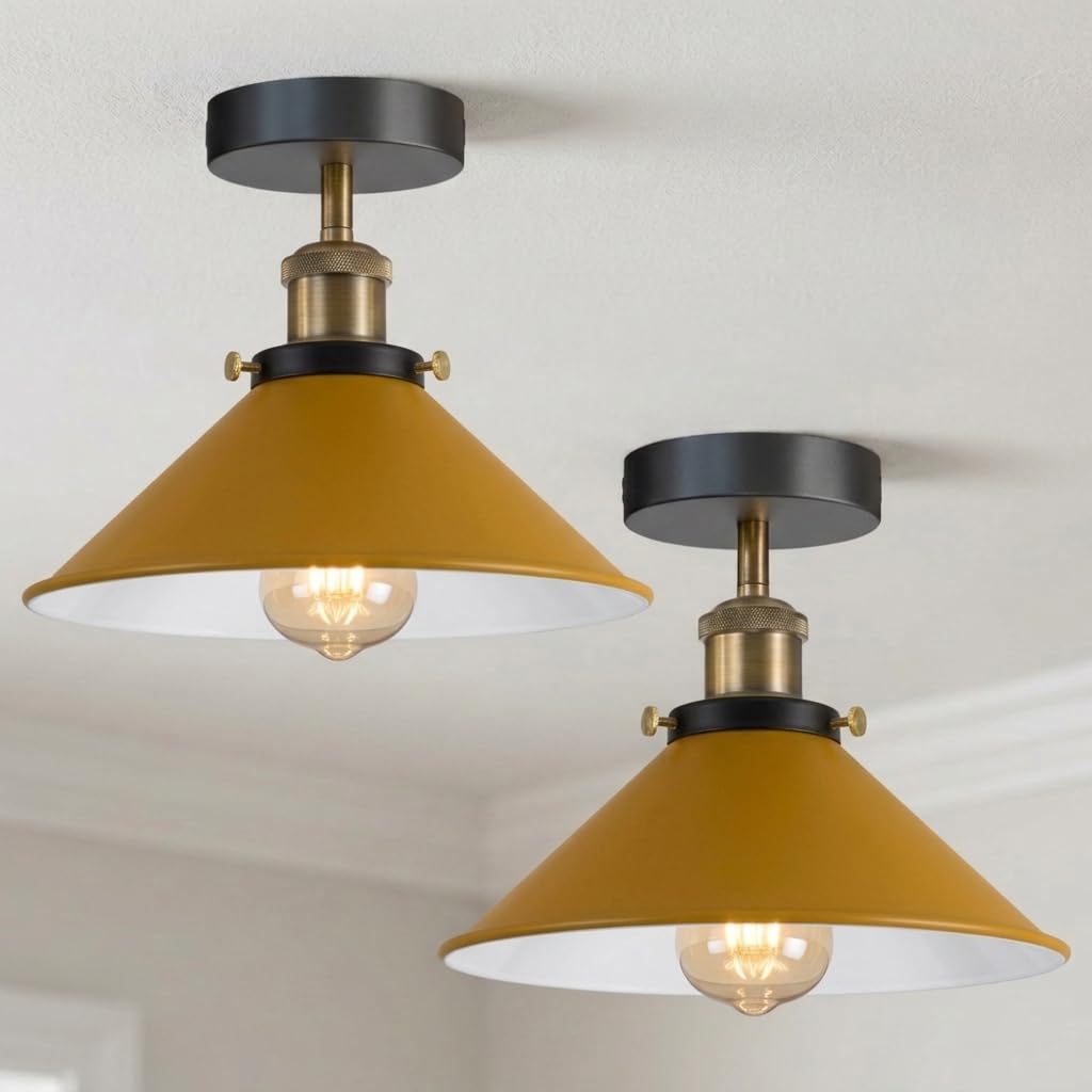 LEDSone 2 Pack Retro Industrial Flush Mount Ceiling Light E27 Metal Ceiling Lamp Yellow 22cm Conical Shade Light Fixture for Kitchen Hallway Living Room Bulb Included โ image 1