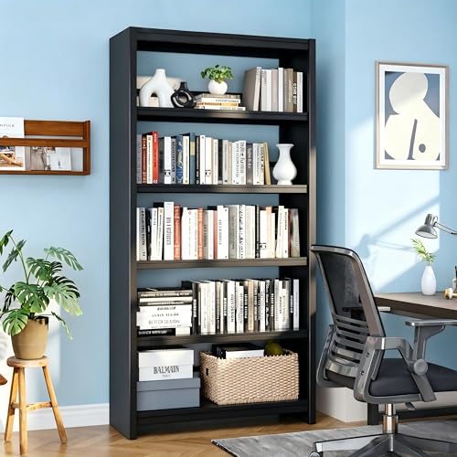 Image of 69 inch Tall Bookshelf, Industrial Bookcase, Easy Assembly, Black | Heavy Duty Metal, 5 Tier Display Storage Shelves, For Home Office, Living Room, Study
