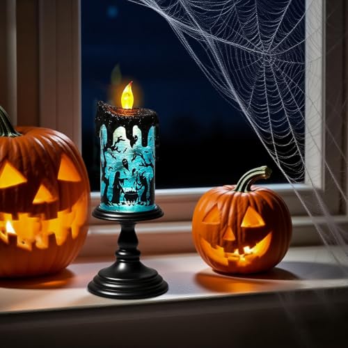 Image of Eldnacele Halloween Snow Globe Flameless Candle with Timer, Battery Operated Spooky Spinning Water Glittering Tornado Lamp LED Candlestick Table Fireplace Witch Decal Halloween Holiday Decoration
