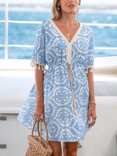Image of CUPSHE Women Tassel Trim Summer Dress V Neck Lace Short Sleeve Paisley Boho Casual Sundress Holiday Beach Mini Dress