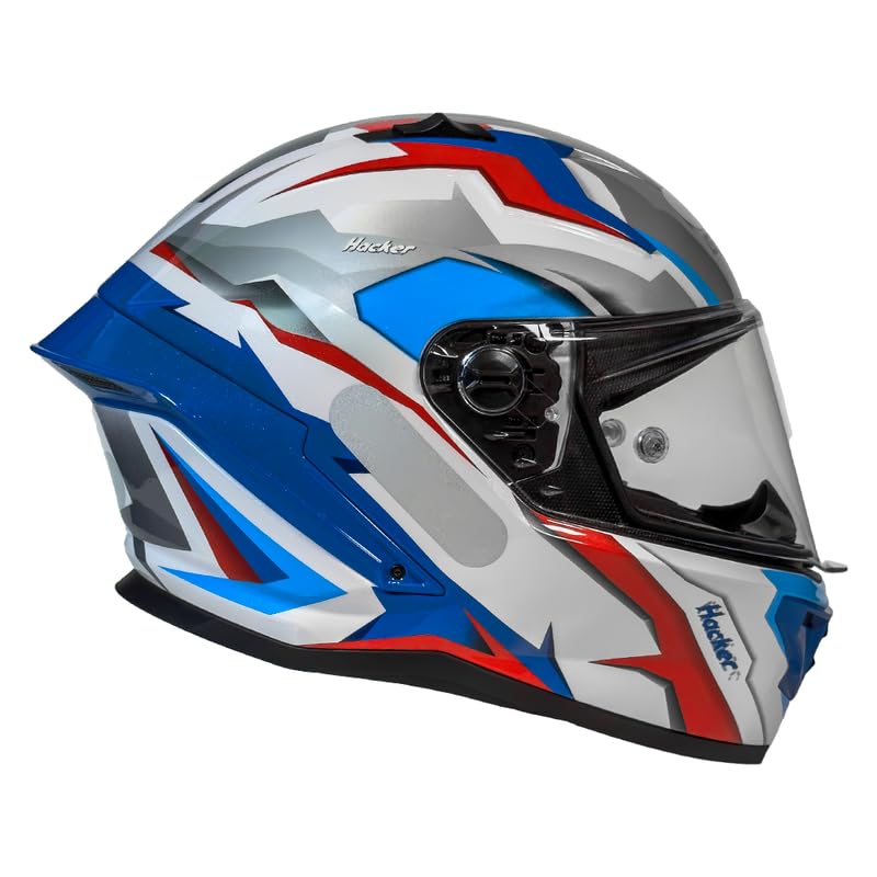 Capacete Moto GP Tech Linha Pilot Modelo Hacker Fechado Branco / Azul Esportivo Urbano Top Casco Abs Leve (61)