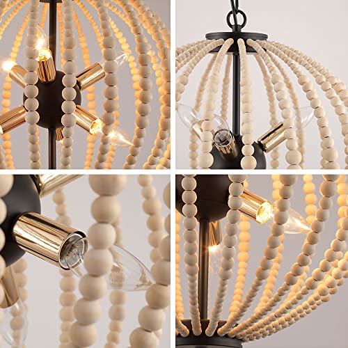 6-Light Boho Wood Beaded Pendant Light Candle Style Globe Chandelier White Finishing for Bedroom, Kitchen Island - Image 8