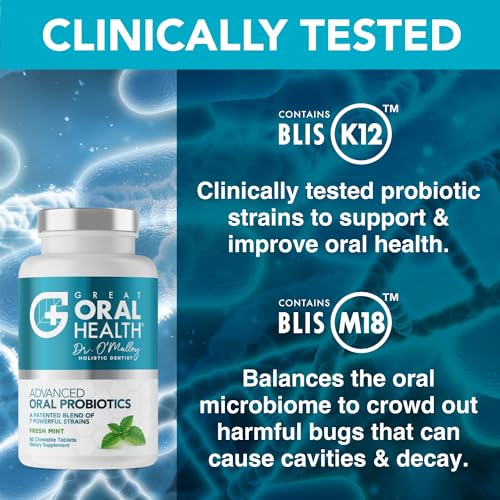 Image of Oral Probiotics for Mouth Bad Breath Treatment for Adults: Dentist Formulated BLIS K12 M18 Advanced Oral Probiotics for Teeth and Gums, 60 Chewable Oral Health Probiotics Supplement Tablets (Mint 2pk)