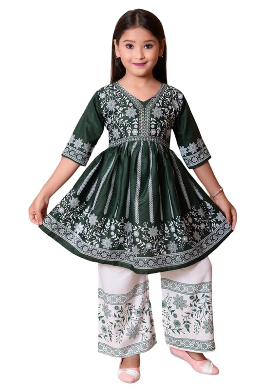 Image of Girls Ethnic Cotton Kurta and Straight Pant Set with Silky Dupatta