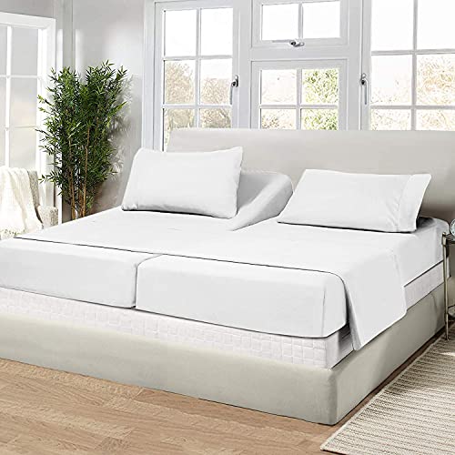 Soft 5Pc Split King Sheet Set, 100% Cotton 400 Thread Count, for Adjustable Bed, 5 Piece Set with 2 Twin-XL Fitted Sheets White Solid