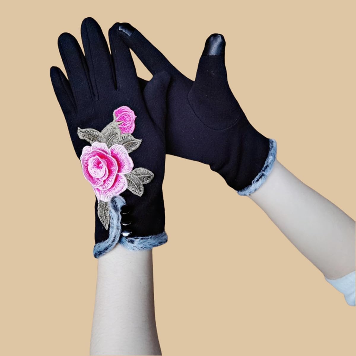 Specell Women Winter Warm Gloves Embroidered Flowers Fleece Lining Touchscreen Fingertips Mittens Windproof for Cold Weather