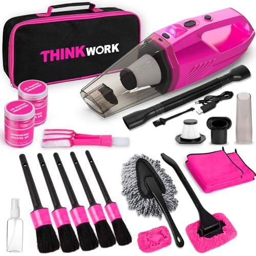 THINKWORK Car Detailing Kit Interior Cleaner, Car Cleaning Kit with 8000PA Cordless Pink Handheld Vacuum Cleaner, Car Interior Detailing Brush Set, Pink Car Accessories, Gift for Women