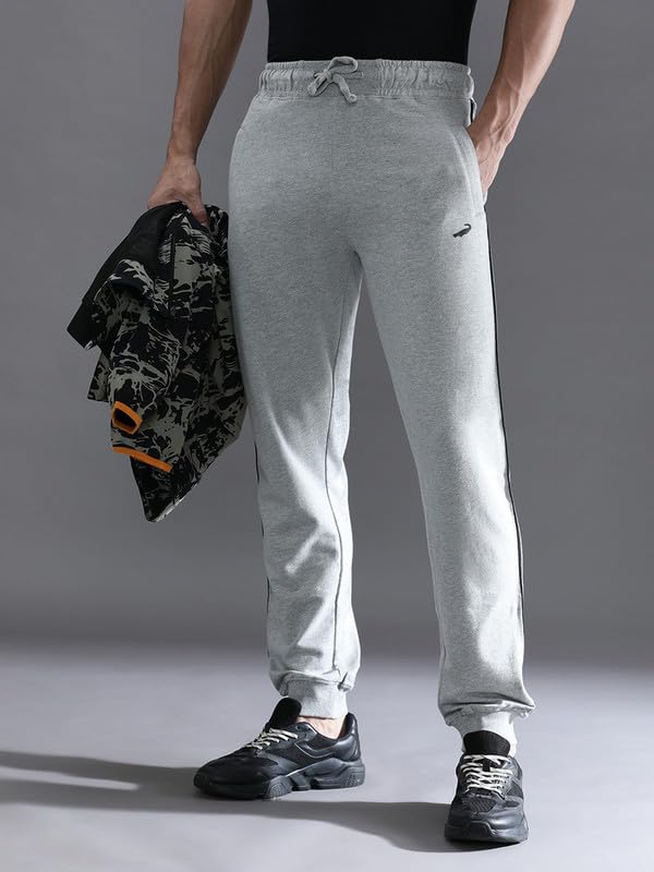 Image of CROCODILE Men Solid French Terry Joggers | Classic Fit | Mid Rise | Drawstring Closure | Ankle Length | Casual Wear Navy Melange