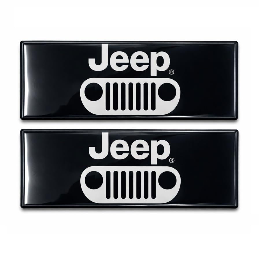 Image of SR1 USA Jeep Wrangler Sun Visor Label Cover Decals with Grille Logo - Set of 2 Gloss Black Domed Emblem Interior Overlays for Jeep Wrangler JK JL JLU