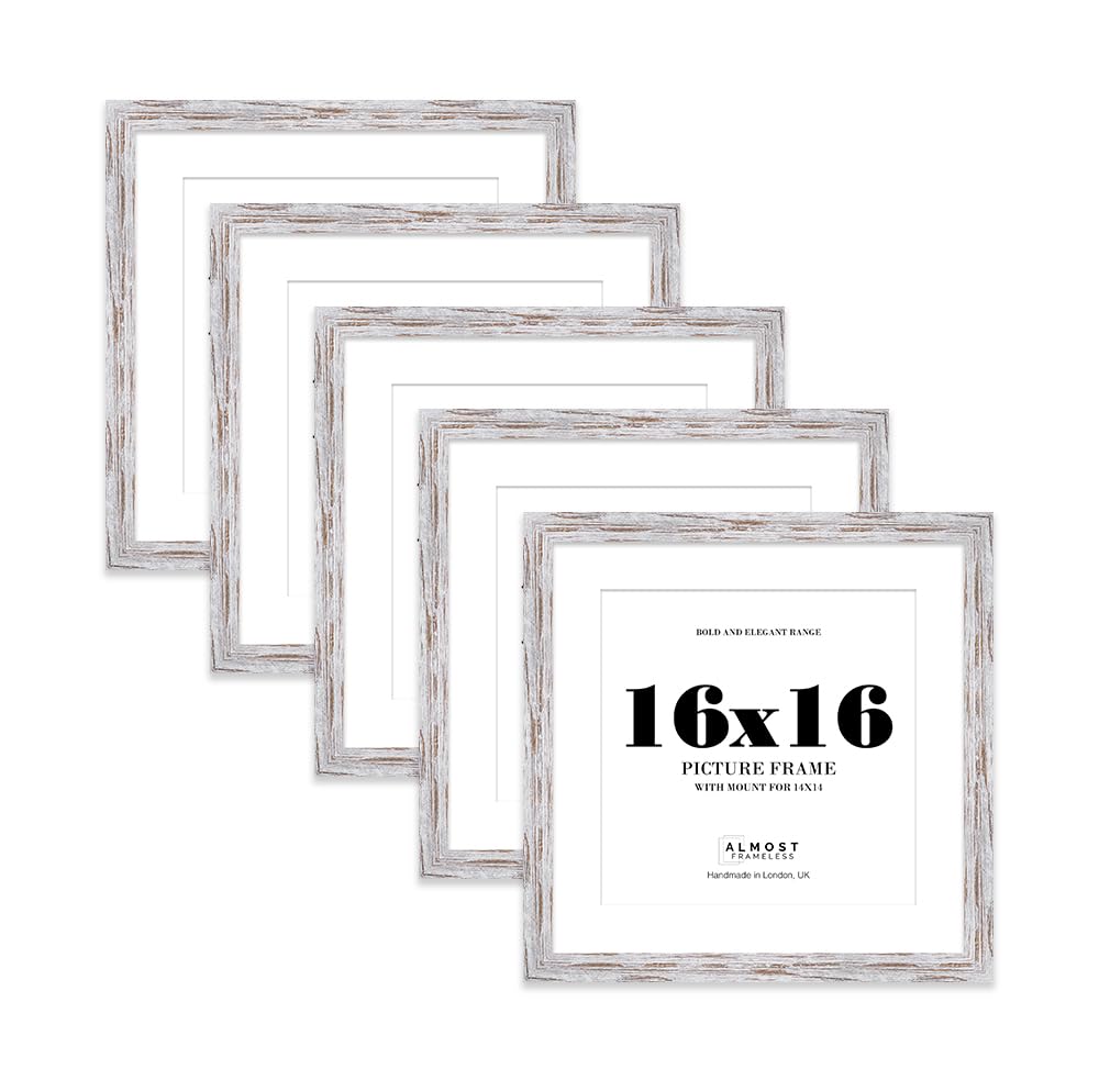 16x16" Distressed Wood Square Frame With Mount for 14x14" Pictures 28mm Edge Frame Display with Wall Hooks, 5 Pack