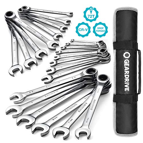 GEARDRIVE Ratcheting Combination Wrench Set, SAE & Metric, 22-piece, 1/4″ to 3/4″