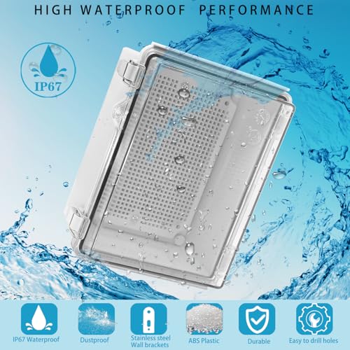 Image of Waterproof Electrical Box with Mounting Plate 222x170x110mm, IP67 Junction Box Stainless Steel Latch Hinged Clear Cover Project Enclosure with Wall Bracket and 2 Glands 8.7 inchx6.7 inchx4.3 inch