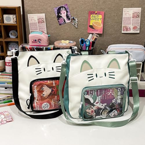 Kawaii Cat Ita Bag with Insert Large Capacity Pin Display Bag Crossbody Y2K for Anime Cosplay Reflective (Green)3