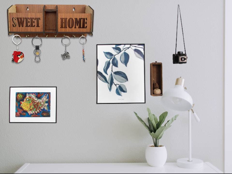 Image of Sweet Home Key Holder for Home Wall Stylish | Wooden Key Stand for Wall | MDF Key Hanger | Two Box to Charge Mobile | Pen and Keys Holder Stand for Office, Hall Living | Matte Finish