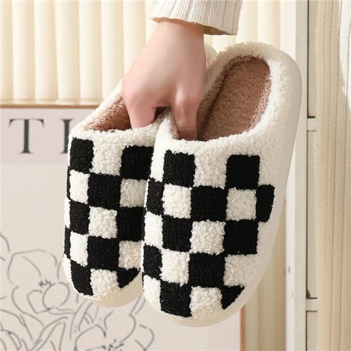 House Slippers for Women Men Plush Warm Fuzzy Plaid Slippers Unisex Memory Foam Slip on Checkered Shoes3