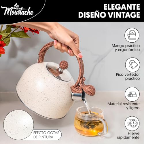 Miniatura 2 de La Moustache - Hervidor De Agua Silbante 2,5l De Acero Inoxidable Para 10 Tazas Sin Bpa, Ø23 Cm Apto Para Inducción, Gas Y Vitrocerámica Con Asa Ergonómica Antiquemaduras, Diseño Vintage Beige