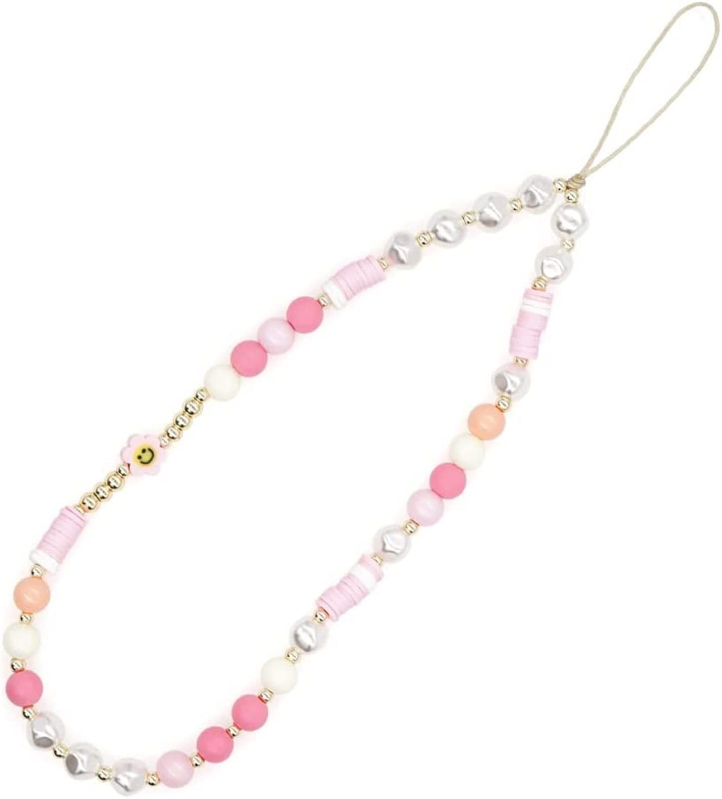 Jaffiust Beaded Phone Lanyard Wrist Strap, Smiley Face Colorful Rainbow Phone Chain Strap for Women Girls Beads Pearl Bracelet Keychain Phone Accessory Cute Anti-Lost Phone String Decorati