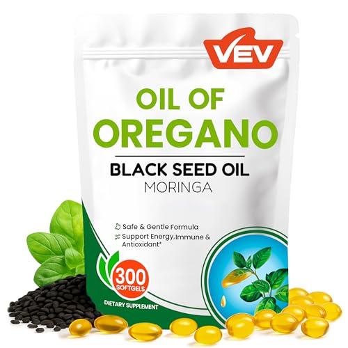 VEV Oil of Oregano with Black Seed Oil & Moringa Organic 300 Softgels Aceite de Organo Carvacrol-Rich Opaque Airtight Packaging