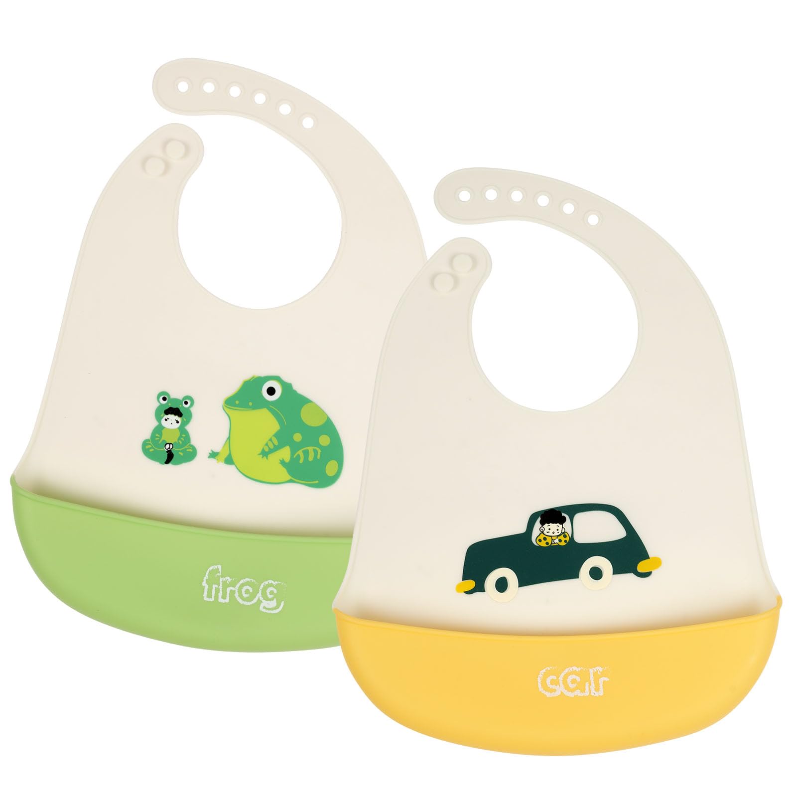 Vicloon Bavaglino in Silicone, 2 Bavaglini con Vaschetta di Raccolta, 6 Pulsanti Regolabili, Senza BPA, Bavaglini per Bambini, Facile da Pulire, Impermeabile per Neonati e Ragazze, Auto e Rana