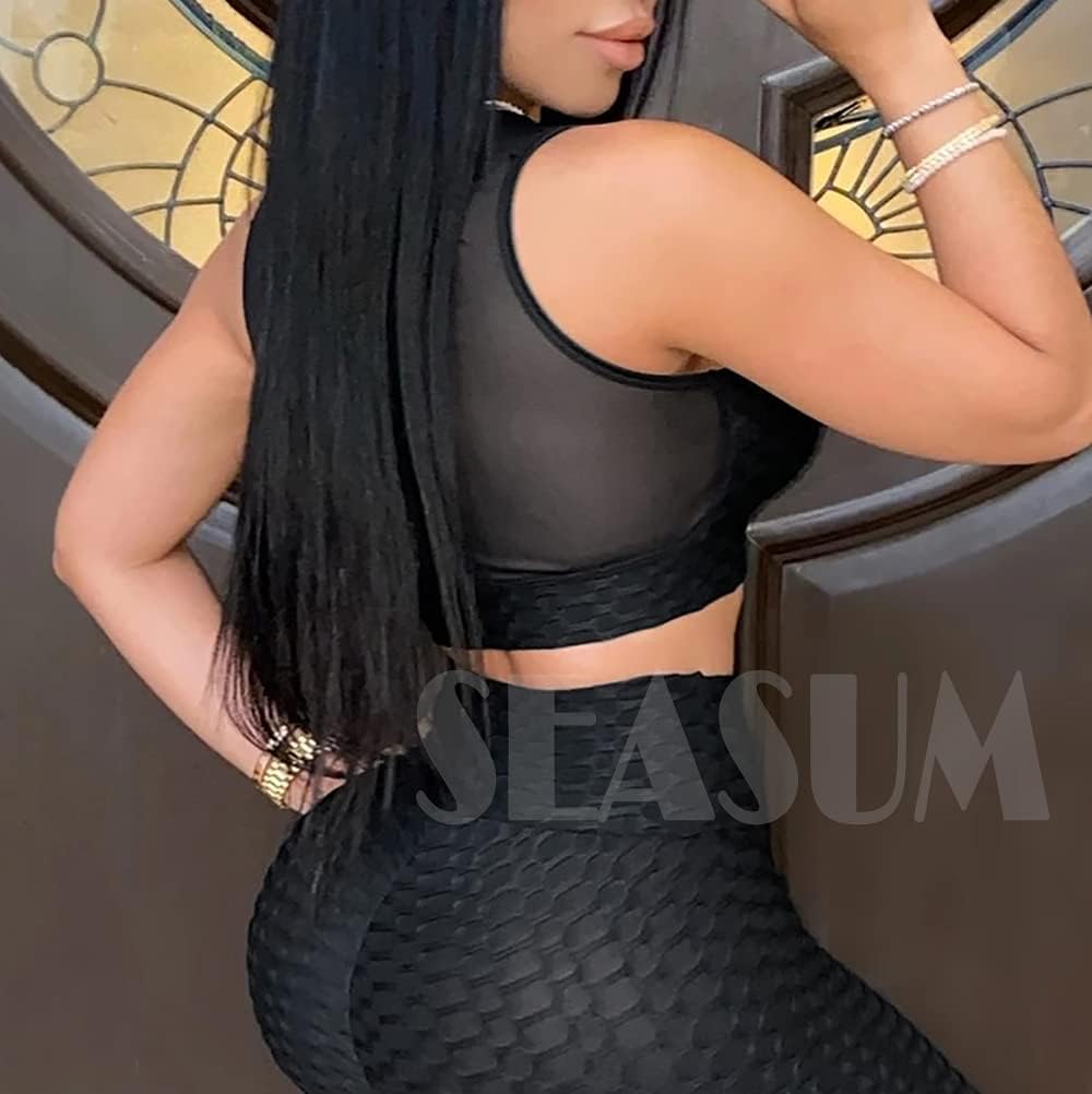 SEASUM Tank Top Sports Bras Textured Middle Impact Support Yoga Crop Tops Gym Workout Shirts - Image 5