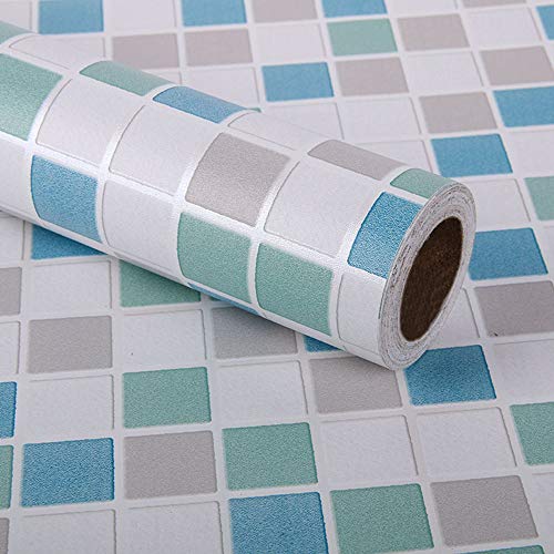 Kitchen-dream Feuille de tuile de mosaïque 45CM X 3M auto-adhésive, autocollant de tuile, papier peint auto-adhésif imperméable à leau de PVC de meubles pour la salle de bains, cuisine, mur (bleu)