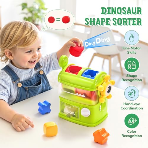 Image of JoyCat Monster Eating The Shapes, Interactive Shape Sorter Toy for Toddlers 1-3, with 6 Rattle Shape Blocks and 2 Levers, Montessori Color Matching & Sorting Learning Toys, Gifts for 1 2 3 Year Old