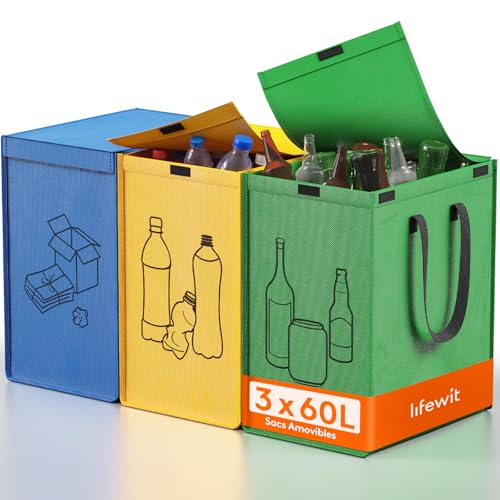 Lifewit Lot de 3 Sac Tri Selectif, Systèmes de Tri des Déchets, Poubelles Recyclage de 3 Couleurs pour Papiers, Carton, Plastiques, Verre, Bouteilles, Bac...