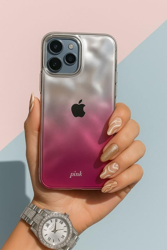 Image of COVERLY for iPhone 15 Pro Max Case Ombre Pink Silver - Shockproof Soft Silicone Back Cover | Slim Fit Glossy Gradient Design | Camera Protection | Stylish Designer Case for Women & Girls