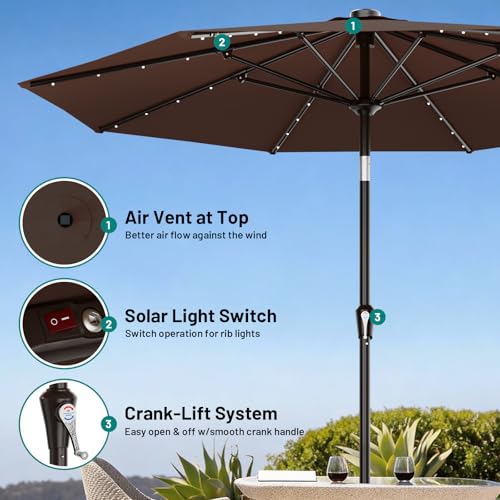 Image of AreShark 9FT Patio Umbrella with Solar Lights, 32 Lighted Pool Umbrella w /Tilt and Crank, Outdoor Table Solar Umbrellas for Garden, Deck, Backyard, Pool and Beach, Light Brown