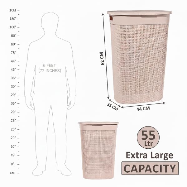 Image of KITCHIVO Plastic Large 55 Ltr Laundry Basket with Lid & Handle | Multipurpose Hamper Bins Storing Washable Clothes, Blankets | Household Ideal for Home & Bathroom (Woods Light Pink Laundry Basket)
