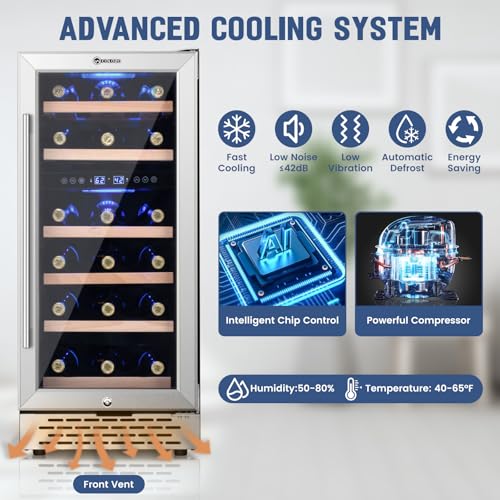 15 Inch Wine Cooler Refrigerator Under Counter, 28 Bottle Dual Zone Wine Fridge, Stainless Steel Built-in/Freestanding Wine Cooler, 40-65°F Tempered Glass Door/Temperature Memory Fit Red & White Wine - Image 6
