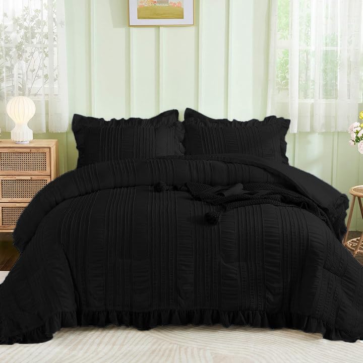 WONGS BEDDING Black Comforter Set King,7 Pieces Ruffle Comforter Set with Sheets,Textured Bed in a Bag for King Bed 104"×90"