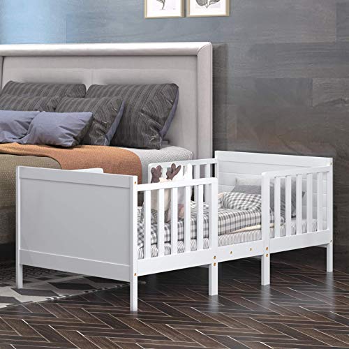 Costzon 2 In 1 Convertible Toddler Bed Frame, Converts To Two Chairs, Classic Wood Kids Bed W/Double Side Safety Guardrails, Footboard For Extra Safety, Fits Full Size Crib Mattress (White) #TOP6