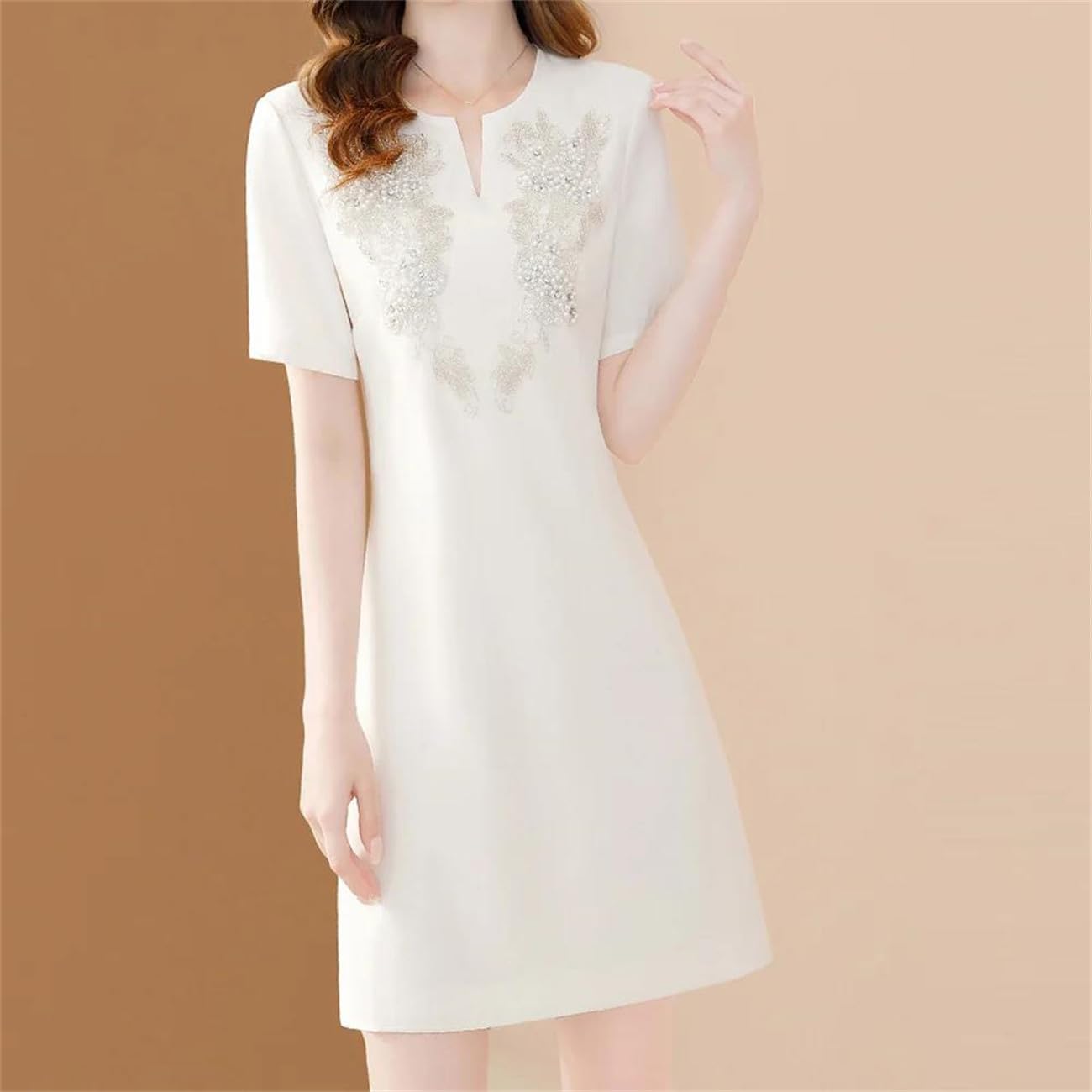 Yeuyyben Donne Elegante Ricamo Floreale Abito Bianco Ufficio A-Line Manica Corta Slim Abiti Da Festa