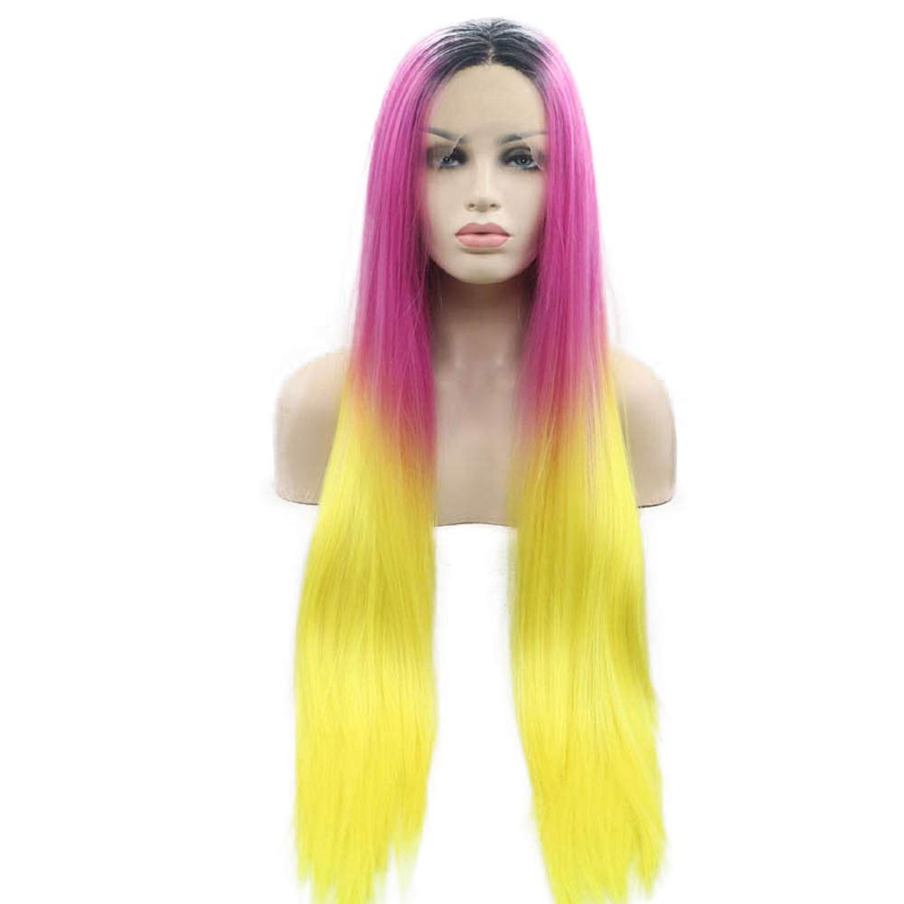 Melody Long Silky Straight Ombre Synthetic Wigs With Dark Roots Pink To Yellow Three Tones Ombre Lace Front Synthetic Straight Wigs For Women Heat